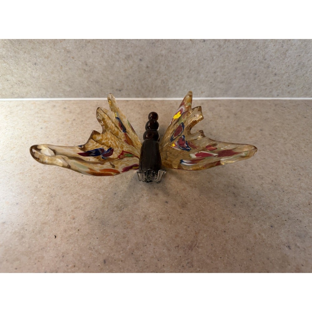 Murano Style Art Glass Butterfly Figurine Millefiori Amber Multicolor Decor